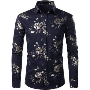 ZEROYAA Mens Hipster Gold Rose Printed Slim Fit Long Sleeve Dress Shirts/Prom L